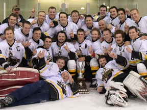 Tillsonburg Thunder clinched the WOAA AA senior men's hockey best-of-seven championship Saturday night with a 5-1 win over Mapleton Minto 81s, taking the best-of-seven series 4-1. (CHRIS ABBOTT/TILLSONBURG NEWS)