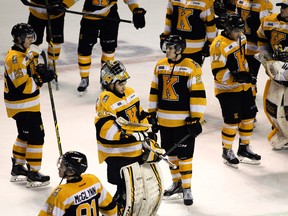Members of the Kingston Frontenacs hang their heads after being swept by the North Bay Battalion in an Eastern Conference quarter-final series at the Rogers K-Rock Centre on April 2. (Annie Sakkab/For The Whig-Standard)