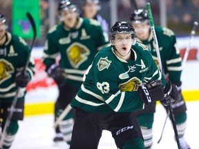 Mitchell Marner celebrates his second goal, against Kitchener Rangers during the first period of their playoff game at Budweiser Gardens. (MIKE HENSEN, The London Free Press)