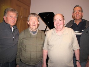 Members of the CK Christian Men's choir, including Dick Griffioen, John Wiebenga, Bill Maynard and Herb Hystek, are getting ready to perform at a benefit concert for NeighbourLink Chatham-Kent. The choir is one of several acts that will be taking part in the event on April 17 at First Presbyterian Church in Chatham. (Blair Andrews/Chatham This Week)