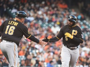 Pittsburgh Pirates third baseman Josh Harrison (right) is congratulated by third base coach Nick Leyva (16) after hitting a home run against the San Francisco Giants at AT&T Park. (Kyle Terada/USA TODAY Sports)