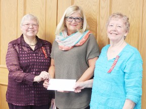 At their annual general meeting held on April 7, the Clinton Public Hospital Auxiliary presented a donation of $15,000 to hospital foundation chair Janice Cosgrove (centre). Presenting the cheque were auxiliary past presidents Ann McLean and Linda Dunford.