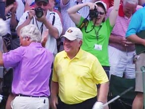 Jack Nicklaus celebrates his hole-in-one at Augusta. (YouTube screen grab)
