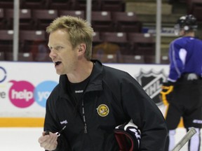 Sarnia Sting coach Trevor Letowski is pictured putting players through their paces during practice on Sept 12. The former World Junior Hockey Championship gold medalist with Team Canada says this time of year always brings back special memories. (SHAUN BISSON / THE OBSERVER / QMI AGENCY)