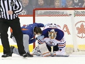 Viktor Fasth was hurt in a shootout loss against the Winnipeg Jets in February. (USA TODAY SPORTS)