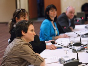 Jennifer Johnson, front, of Laurentian University, addresses a panel at the Select Committee on Sexual Violence and Harassment in Sudbury, Ont. on Wednesday April 8, 2015. John Lappa/Sudbury Star/QMI Agency