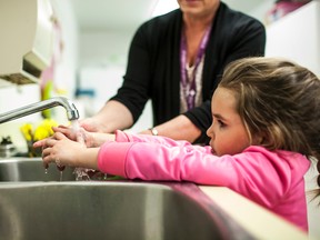 Lacey Skiffington learns about proper hand washing techniques at the Pat Hardy wellness fair on Tuesday March 31, 2015 in Whitecourt.

Christopher King | Whitecourt Star