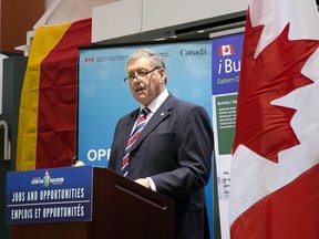 Tim Miller/The Intelligencer
Daryl Kramp, MP for Prince Edward-Hastings, speaks at an event Thursday. The event was to announce $350,000 in funding provided from the federal government to the Eastern Ontario International Business Incubator, located at the old Nortel building on Sidney Street.