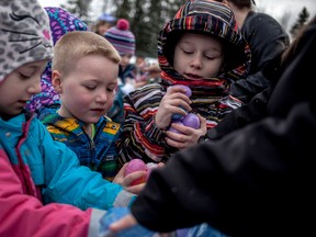 Students at Pat Hardy Elementary school trade in their eggs for goodie bags during the school's Easter Egg hunt on Thursday April 2, 2015 in Whitecourt, Alta. Adam Dietrich/Whitecourt Star/QMI Agency