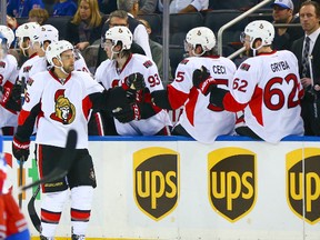 Ottawa Senators left wing Clarke MacArthur (16) is congratulated after scoring a second period goal against New York Rangers at Madison Square Garden. 
USA TODAY Sports