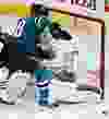 Edmonton's goalie Laurent Brossoit (1) stops San Jose's Tomas Hertl (48) during the first period of the Edmonton Oilers' NHL hockey game against the San Jose Sharks at Rexall Place in Edmonton, Alta., on Thursday, April 9, 2015. Codie McLachlan/Edmonton Sun/QMI Agency