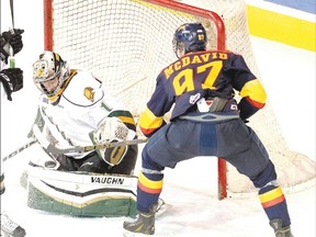 London Knight goaltender Tyler Parsons makes a save on Connor McDavid of the Erie Otters in the first period of Game 1 of their best-of-seven OHL Western Conference semifinal series at Erie Insurance Arena in Erie, Pa., on Thursday. (JACK HANRAHAN/Special to the Free Press/Courtesy Erie Times-News)