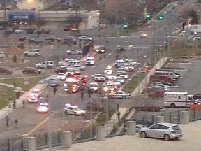 Police cars crowd the road inside the U.S. Census Bureau headquarters in Suitland, Maryland after a gunman shot a security guard at one of the outside gates April 9, 2015, before barricading himself inside the Census headquarters. REUTERS/Ali Tharrington/Handout via Reuters