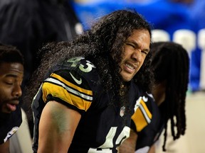 Troy Polamalu of the Pittsburgh Steelers looks on from the bench during their AFC Wild Card game against the Baltimore Ravens at Heinz Field on January 3, 2015 in Pittsburgh. (Justin K. Aller/Getty Images/AFP)