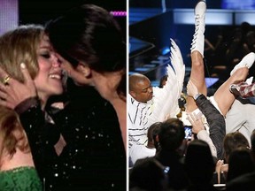 Sandra Bullock locks lips with Scarlett Johansson in 2010, and Sasha Baron Cohen as Bruno, sitting on Eminem. (Reuters file photos)