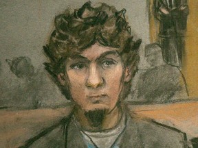 A courtroom sketch shows Boston Marathon bombing suspect Dzhokhar Tsarnaev as the verdict is read at the federal courthouse in Boston, Massachusetts April 8, 2015. Tsarnaev was found guilty on Wednesday of the 2013 Boston Marathon bombing that killed three people and injured 264 others, and the jury will now decide whether to sentence him to death.  REUTERS/Jane Flavell Collins     NO SALES. NO ARCHIVES. FOR EDITORIAL USE ONLY. NOT FOR SALE FOR MARKETING OR ADVERTISING CAMPAIGNS