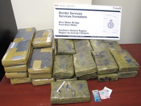 Cocaine, weighing approximately 34 kg, was allegedly seized April 4, 2015 at the Blue Water Bridge in Point Edward, Ont. (Handout/Sarnia Observer/QMI Agency)