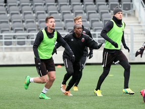 Ottawa Fury FC defender Mike Randolph, centre, trains at TD Place on Thursday, April 9, 2015. Randolph, who captained the Silverbacks last season, will make his first visit back to Atlanta as a member of the visiting team on Saturday. 
(Chris Hofley/Ottawa Sun).