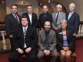 Eastern Ontario mayors gathered at Kingston City Hall for a meeting on Friday April 10 2015. Front, From left, Brett Todd of Prescott, Bryan Paterson of Kingston and Erika Demchuk of Gananoque. Second row, from left, Dave Henderson of Brockville, Les O'Shaughnessy of Cornwall, Taso Christopher of Belleville, Mike LeMay of Pembroke and Shawn Pankow of Smiths Falls. 
Annie Sakkab)-KINGSTON WHIG-STANDARD/QMI AGENCY