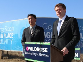 Wildrose Leader Brian Jean, joined by Fort McMurray-Wood Buffalo candidate Tany Yao, tells supporters he will make the creation of an Aging in Place facility at Willow Square his top priority during a press conference in Fort McMurray. April 10, 2015. VINCENT MCDERMOTT