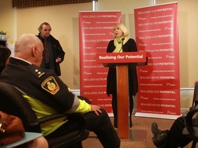 Deputy Premier of Ontario Deb Matthews (who is also President of the Treasury board and Minister Responsible for the Poverty Reduction Strategy) was at the Cornerstone Family Violence Prevention Centre in Cobourg, Ont. on Tuesday April 7, 2015 to announce Ontario is investigating $50 million to support grassroots community partners in lifting people and families out of poverty. (QMI Agency)