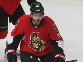 Senators forward Clarke MacArthur celebrates his goal against the Capitals during first period NHL action in Ottawa on Saturday, April 5, 2015. (Tony Caldwell/QMI Agency)