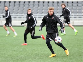 Ottawa Fury FC forward Oliver trains at TD Place on Wednesday, April 8, 2015. After missing the first game of the year with a suspension, Oliver will make his Fury season debut Saturday in Atlanta.
 (Chris Hofley/Ottawa Sun)
