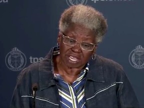 Edith Beckles, the mother of Donald Beckles who was shot outside his Jamestown house speaks at a press conference at police headquarters in Toronto on  April 10, 2015. (Toronto Police photo)
