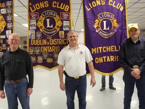 Seaforth Lions Club president John Snell poses alongside Lloyd Tubb, with the Mitchell Lions Club and Bruce Bettles, secretary of the Dublin Lions Club, at a viewing showcase on April 10 for the organizations' regional fundraising auction, which aired for eight hours on local Channel 12 the next day. (Marco Vigliotti/Huron Expositor)
