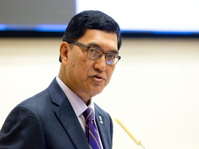 Western University president Amit Chakma talks about the controversy surrounding his $1 million paycheque at a school senate meeting at the Ivey School of Business in London, Ontario on Friday April 10, 2015.
CRAIG GLOVER/The London Free Press/QMI Agency