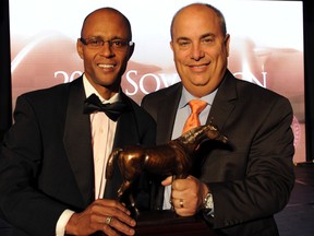 Patrick Husbands (left) captured his eighth Sovereign Award as top jockey, while Mark Casse was named Canada’s trainer of the year at Woodbine on Friday night. (MICHAEL BURNS/PHOTO)