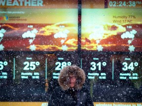 A woman stands in falling snow in front of an electronic sign displaying the weather forecast in Times Square in New York, January 26, 2015. REUTERS/Mike Segar