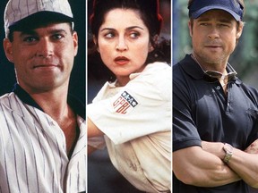 Ray Liotta in Field of Dreams; Madonna in A League of Their Own; and Brad Pitt in Moneyball (Handout photos)