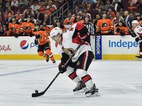 Ottawa Senators centre Jean-Gabriel Pageau (44) moves the puck out of the defensive zone during the second period against the Philadelphia Flyers at Wells Fargo Center. Mandatory Credit: John Geliebter-USA TODAY Sports