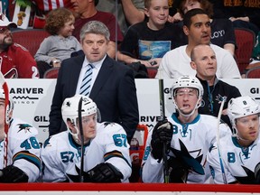 Sharks coach Todd McLellan could be fired for missing the playoffs. (Getty)