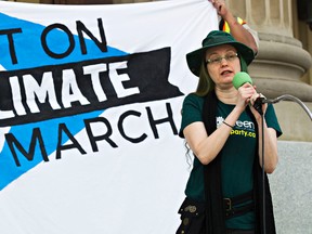 Green Party candidate for Edmonton-Decore Trey Capnerhurst speaks during a rally at the Alberta Legislature Building held in solidarity with Quebec City's Act on Climate march in Edmonton, Alta., on Saturday, April 11, 2015. Codie McLachlan/Edmonton Sun/QMI Agency