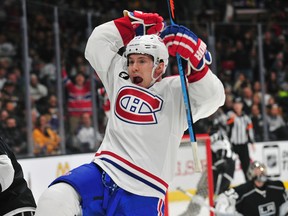 Montreal Canadiens right wing Brendan Gallagher (11) reacts after scoring a goal against the Los Angeles Kings during the second period at Staples Center. Mandatory Credit: Gary A. Vasquez-USA TODAY Sports