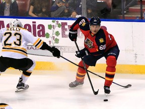 Florida Panthers right winger Jaromir Jagr looks to pass the puck as Boston Bruins center Chris Kelly defends in the third period at BB&T Center on April 9, 2015. (Robert Mayer/USA TODAY Sports)