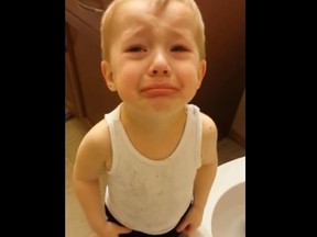 Kowen reacts to flushing his dead goldfish down the toilet. (Brooke Geherman/YouTube https://www.youtube.com/watch?v=F-mbfDB9bN4)