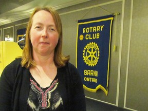 Judy Krall, an Enniskillen Township farmer with Lambton-Kent Agriculture in the Classroom, was the guest speaker at the Rotary Club of Sarnia on Monday April 13, 2015 in Point Edward, Ont. (Paul Morden/Sarnia Observer/QMI Agency)