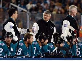 San Jose Sharks head coach Todd McLellan during the Stadium Series hockey game against the Los Angeles Kings at Levis Stadium on Feb. 21, 2015. (Kyle Terada/USA TODAY Sports)