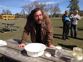 Mike Jenkins, biological science technician with the city of Edmonton, discusses the mosquito control program in Hawrelak Park in Monday, April 13, 2015. Jenkins points to mosquito larvae.