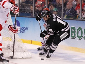 Former Kingston Voyageur Steve McParland in action for Providence during the NCAA hockey final against Boston University at TD Garden in Boston on Sunday. Providence won the game 4-3. (Stew Milne/Providence College Athletics)
