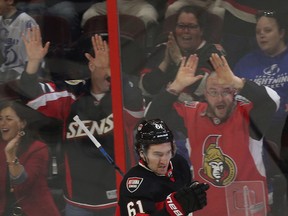 Ottawa Senators Mark Stone celebrates his first period goal against the Tampa Bay Lightning at the Canadian Tire Centre in Ottawa Thursday April 2, 2015.  
Tony Caldwell/Ottawa Sun