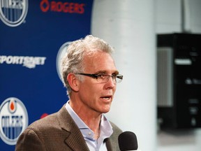 Edmonton Oilers general manager Craig MacTavish speaks about the 2014-2015 season during a press conference at Rexall Place in Edmonton, Alta. on Monday April 13, 2015. (Ian Kucerak/Edmonton Sun)