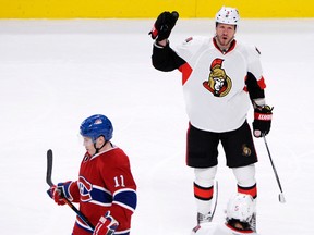 Ottawa Senators defenseman Marc Methot (3) reacts next to Montreal Canadiens forward Brendan Gallagher (11) after scoring a goal during the third period at the Bell Centre on Mar 12, 2015 in Montreal, Quebec, CAN. (Eric Bolte/USA TODAY Sports)