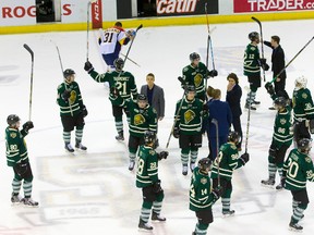 Knights raise their sticks to thank the crowd for their support after losing 5-2 and the series 4-0 to the Erie Otters and ending their season at Budweiser Gardens in London. (Mike Hensen, London Free Press)