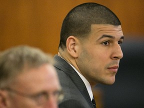 Former NFL player Aaron Hernandez, 25, was found guilty of murder in the first degree at the Bristol County Superior Court in Fall River, Mass., on Wednesday, April 15, 2015. (Dominick Reuter/Reuters)