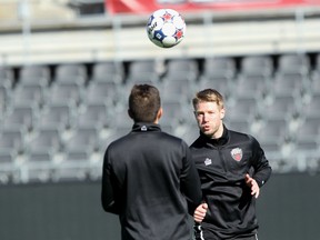 Ottawa Fury captain Richie Ryan trains with the full squad Wednesday at TD Place for the first time since suffering a pre-season injury that has forced him out of the first two games of this season. (Chris Hofley/Ottawa Sun)