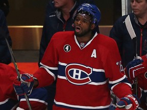 Montreal Canadiens P.K.Subban was shocked after getting kicked out of the game during second period action against the Ottawa Senators at the Bell Centre in Montreal Wednesday April 15,  2015. The Senators and Canadiens were playing game one of the Stanley Cup Playoffs.  Tony Caldwell/Postmedia Network